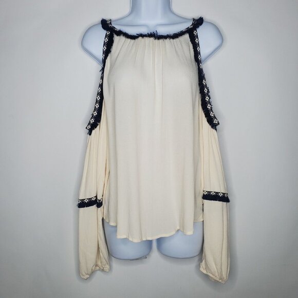 Chelsea & Violet Tops - Chelsea and Violet Womens Ivory Embroidered Frayed Cold Shoulder Top Size S BOHO
